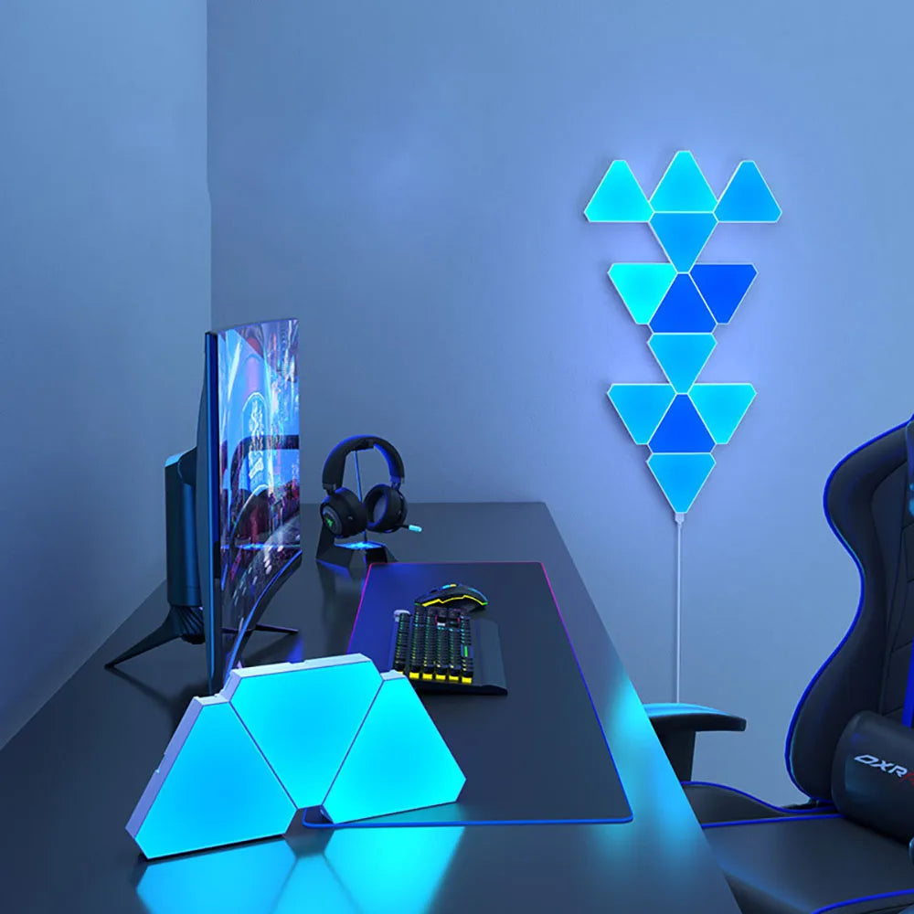 Luz LED RGB Quantum - Para Parede, Triangular, Sincronização com Música, Controlo por App e Voz Luz LED RGB Quantum - Para Parede, Triangular, Sincronização com Música, Controlo por App e Voz
